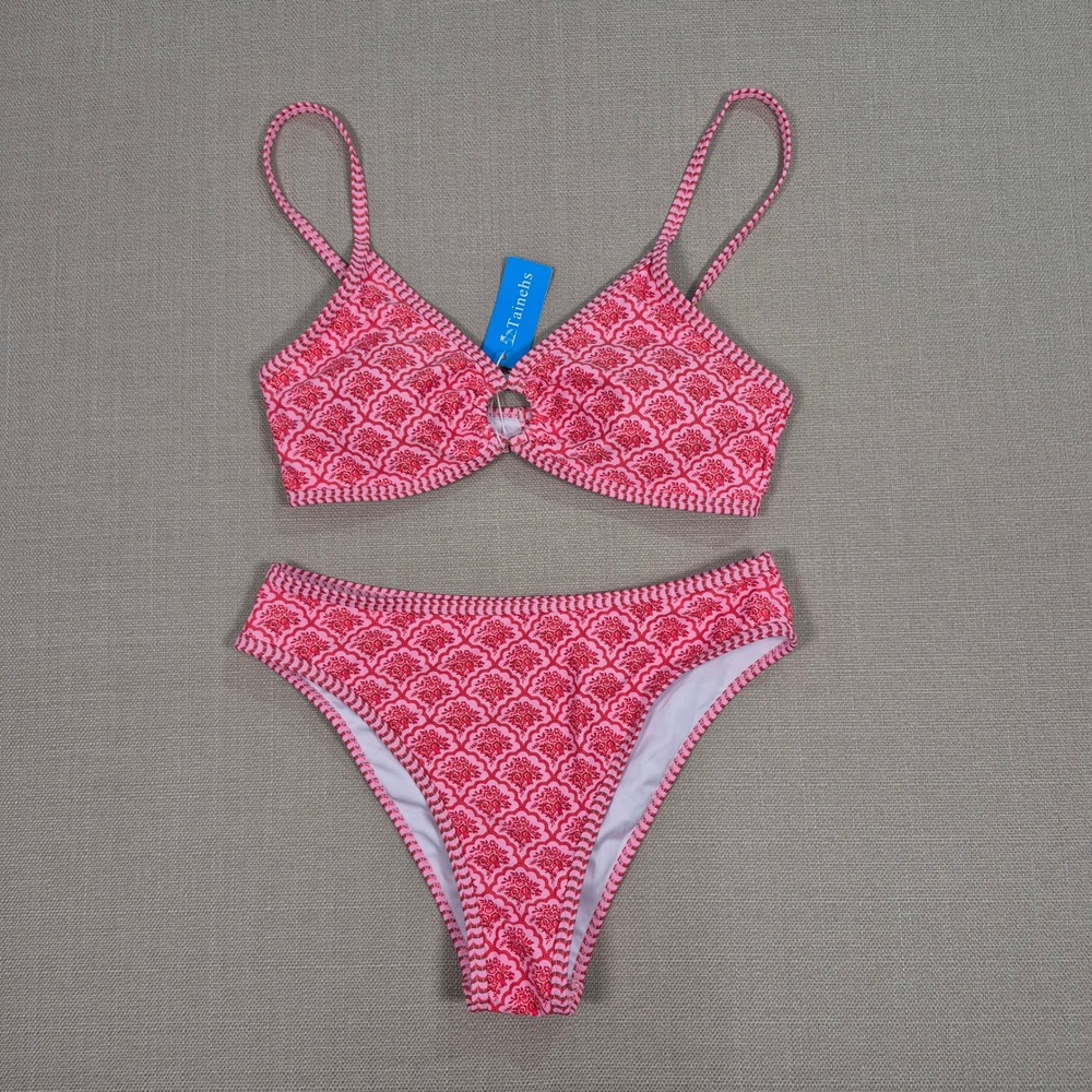 Tainehs Womens Pink Damask Print Triangle Bikini Set Two Piece Swimsuit Size XS